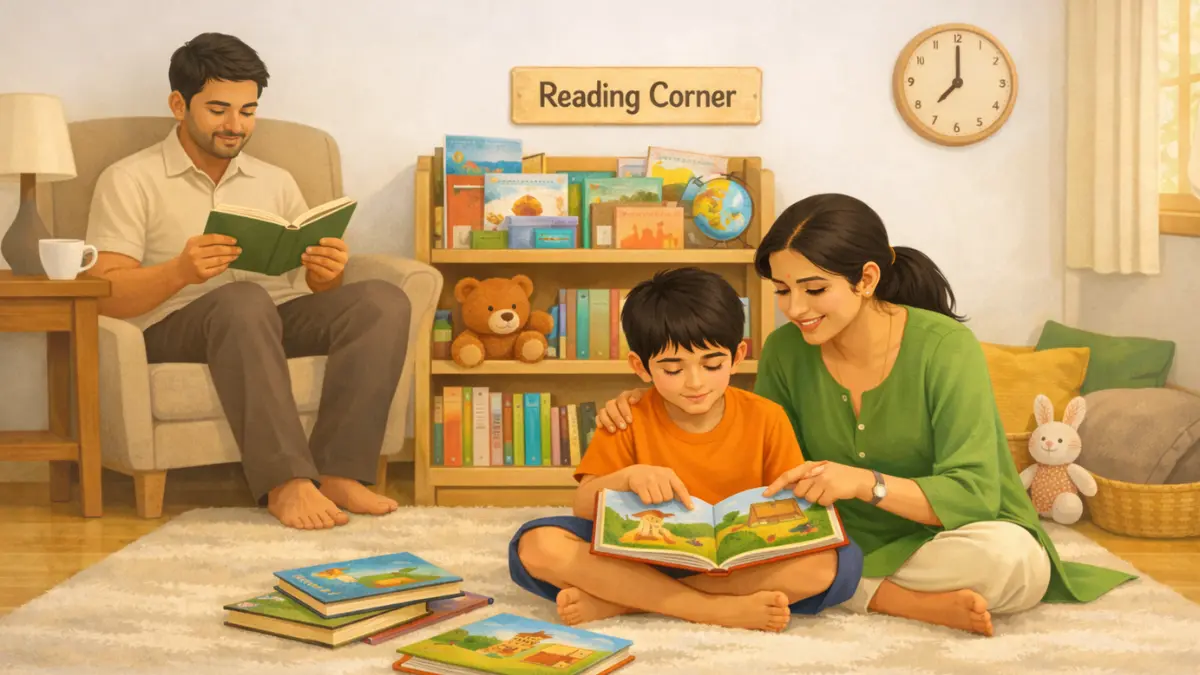 आई आणि मूल घरातील वाचनाच्या कोपऱ्यात एकत्र पुस्तक वाचताना आणि घरात वाचनाचे सकारात्मक वातावरण तयार झाल्याचे दृश्य