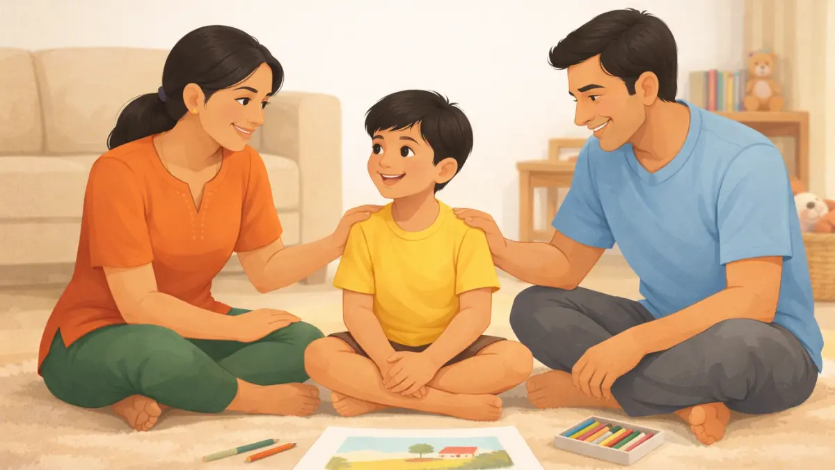 घरात पालक मुलाच्या शेजारी बसून त्याला आधार आणि प्रोत्साहन देताना, तुलना न करता मुलाच्या स्वतःच्या प्रयत्नांचे कौतुक करतानाचे सकारात्मक दृश्य