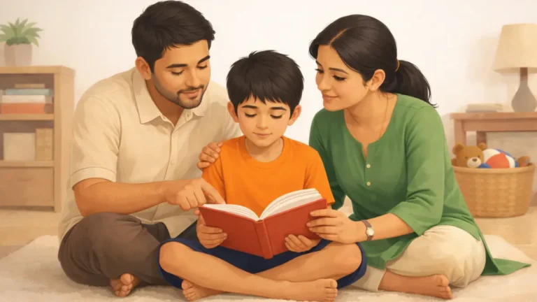 आई-वडील घरी मुलाला वाचायला शिकवत आहेत आणि मुलगा पुस्तक वाचण्याचा सराव करत आहे