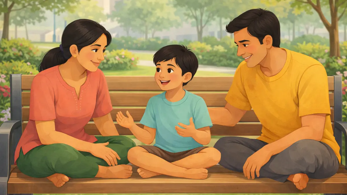बागेत आधुनिक बाकावर बसलेले पालक मुलाचे लक्षपूर्वक ऐकत असताना, मुलं मोकळेपणाने संवाद साधताना दाखवणारे सकारात्मक दृश्य