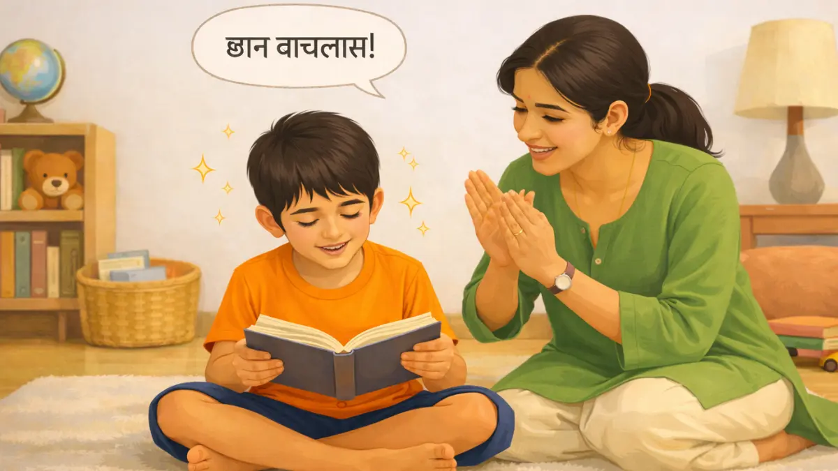 मुलगा पुस्तक वाचत असताना आई त्याचे कौतुक करत आहे आणि त्याला प्रोत्साहन देत आहे अशी घरातील सकारात्मक वातावरण दाखवणारी चित्रात्मक दृश्य.
