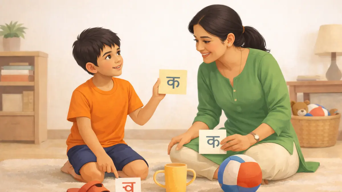 आई मुलाला खेळाच्या माध्यमातून अक्षरांची ओळख करून देत आहे आणि मूल घरातील वस्तूंशी अक्षरे जोडून शिकत आहे