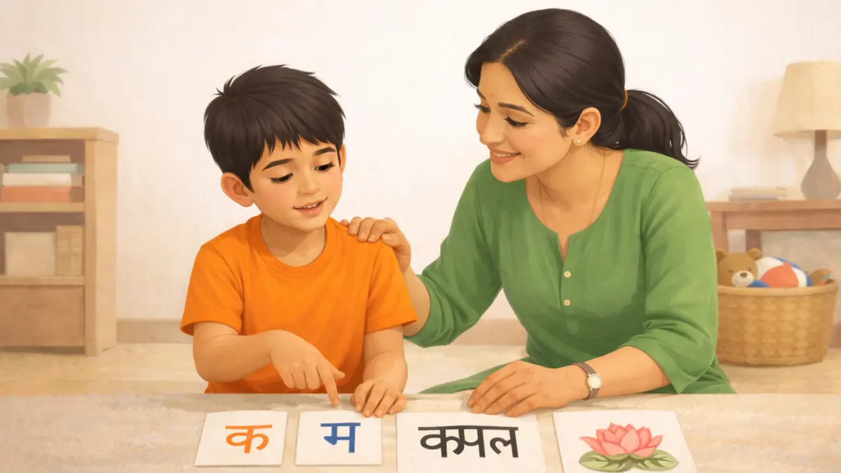 आई मुलाला अक्षरांचा ध्वनी समजावून सांगत आहे आणि मूल अक्षरांचे आवाज जोडून शब्द वाचण्याचा सराव करत आहे